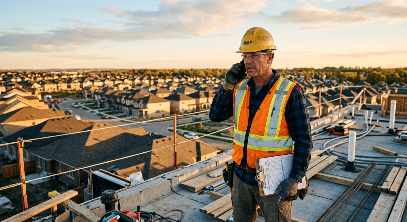 Building inspector dictating notes on a rooftop at golden hour