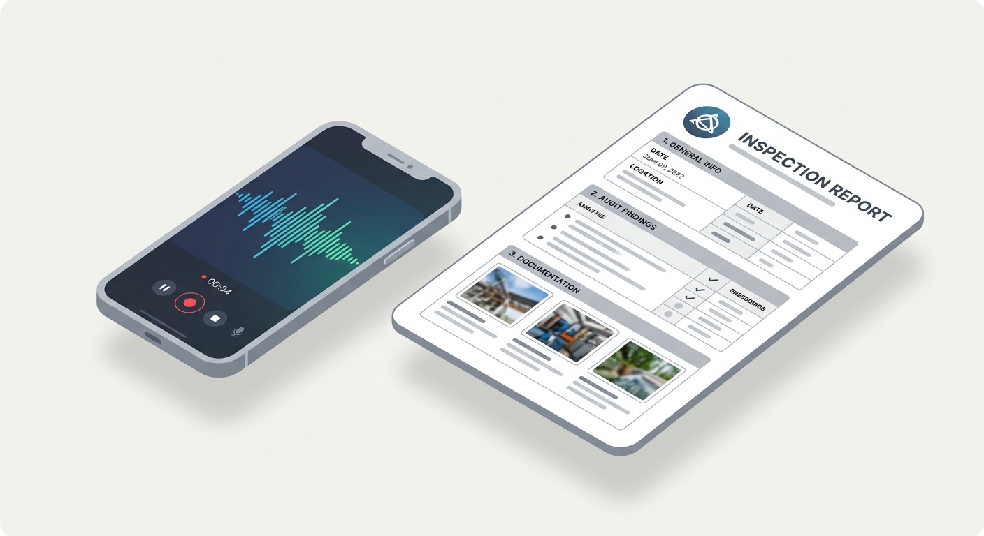Smartphone recording audio waveform next to a formatted PDF inspection report